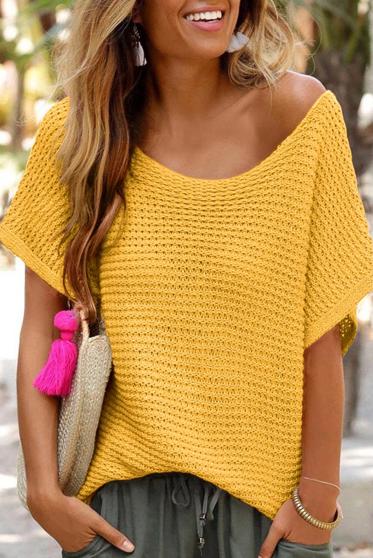 Yellow Loose Knit Short Sleeve Sweater