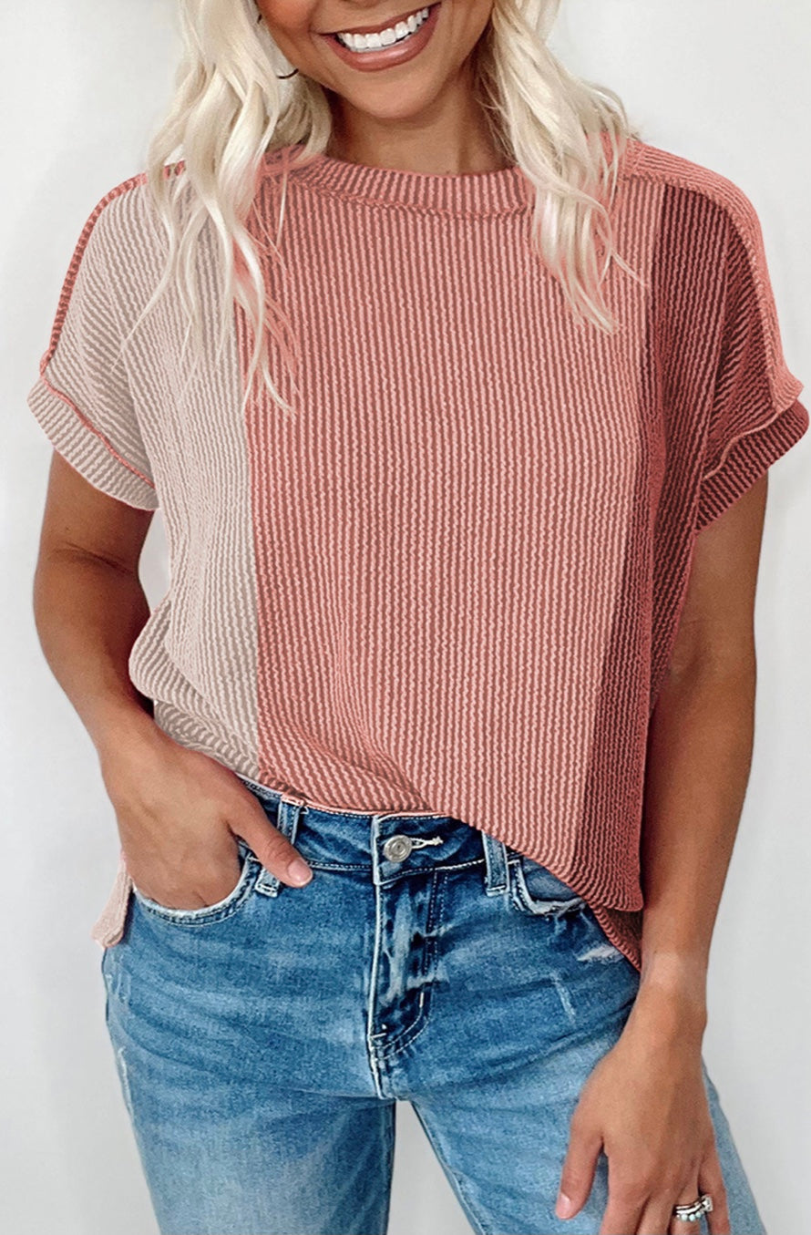 Apricot Colorblock Ribbed Shirt
