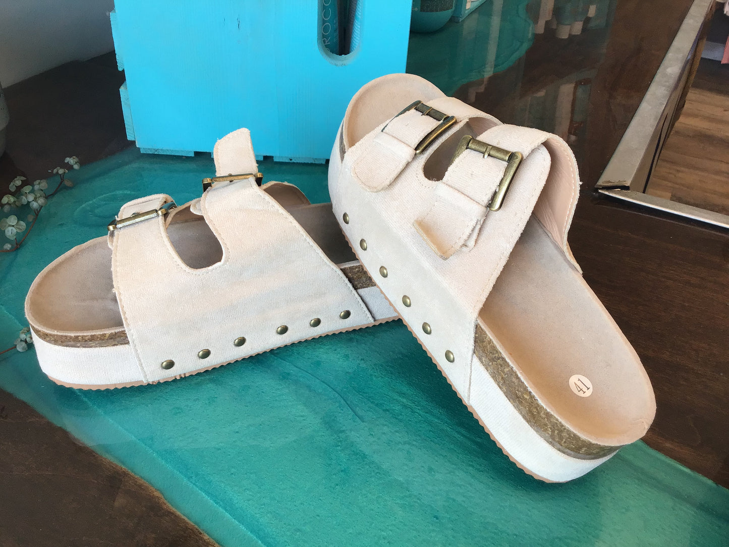 Beige Suede Buckle Platform Sandals